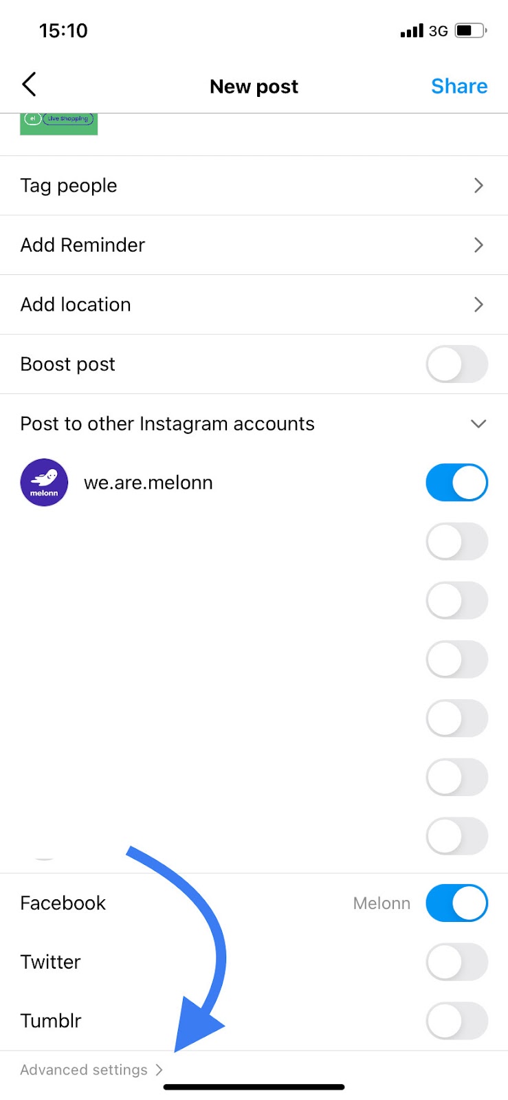 Instagram seo: Perfil Melonn Alt text paso 1