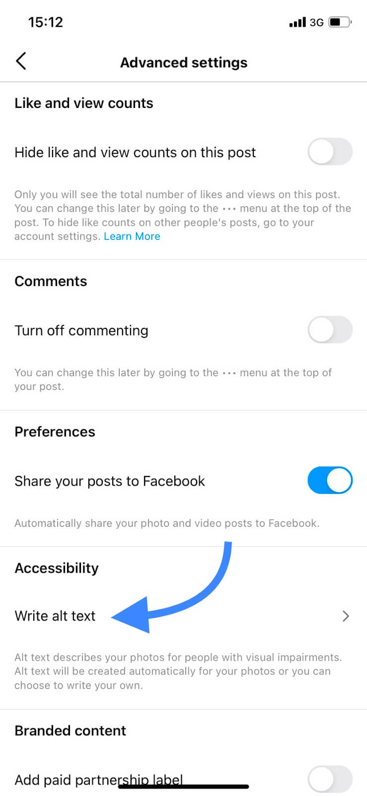 Instagram seo: Perfil Melonn alt text paso 2.
