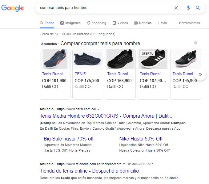 Resultado de búsqueda en Google tenis para hombre