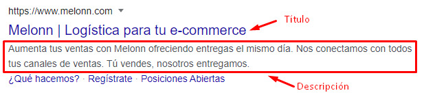 Meta titulo y meta descripción de resultado de búsqueda en Google