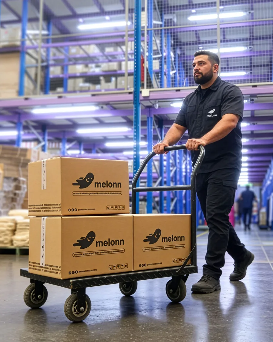 Operario de Melonn empuja un carro con cajas de la marca por el pasillo de un centro de fulfillment